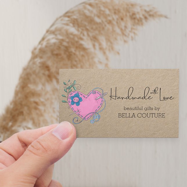 Handmade with Love Cute Country Heart Rustic Kraft Business Card (Horizontal Business Card with cute heart on kraft)