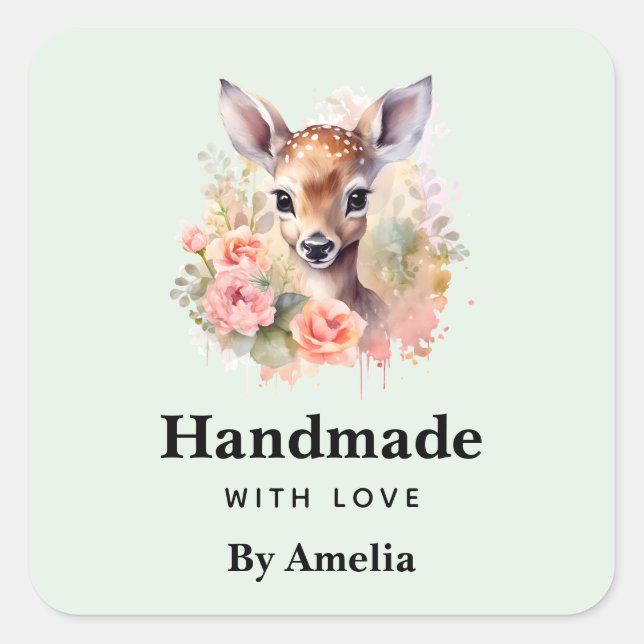 Handmade with Love Cute Deer Surrounded By Roses Square Sticker (Front)