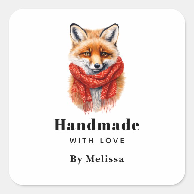 Handmade with Love Cute Fox in a Red Scarf Square Sticker (Front)