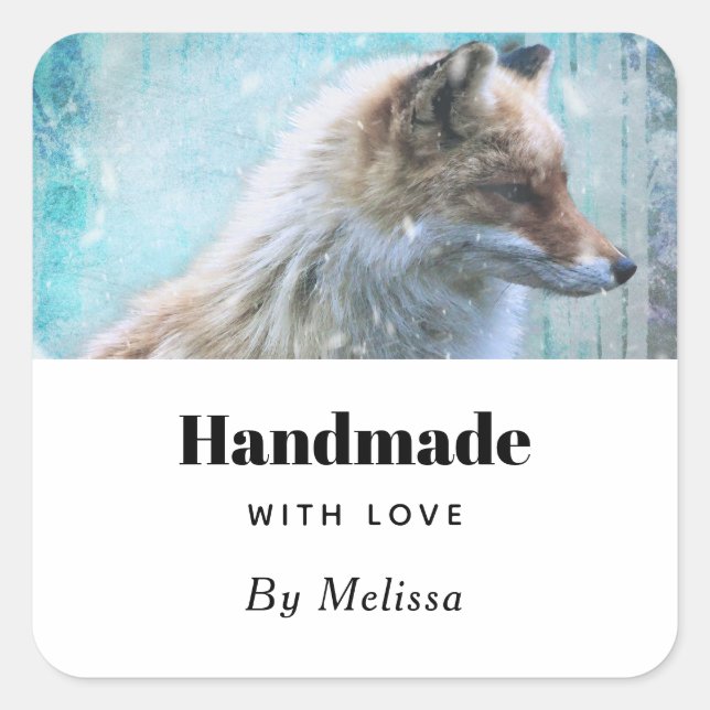 Handmade with Love Cute Furry Fox Portrait Square Sticker (Front)