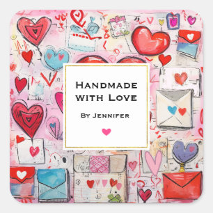 Handmade with Love Cute Hearts and Love Letters Square Sticker