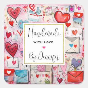 Handmade with Love Cute Hearts and Love Letters Square Sticker