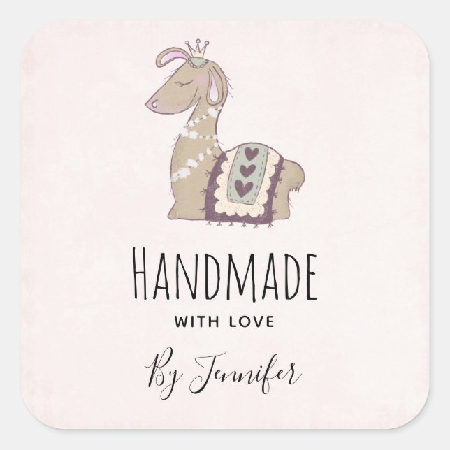 Handmade with Love Cute Llama Wearing a Crown Square Sticker (Front)