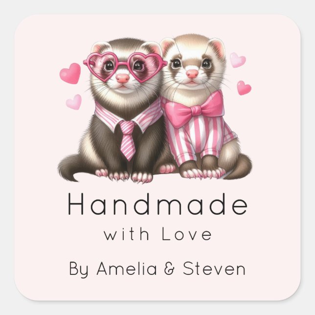 Handmade with Love Cute Otter Couple in Love Square Sticker (Front)