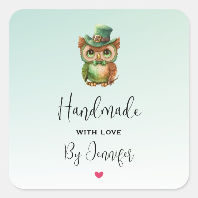 Handmade with Love Cute Owl in a Green Top Hat Square Sticker (Front)