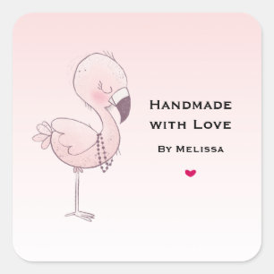 Handmade with Love Cute Pink Flamingo Illustration Square Sticker