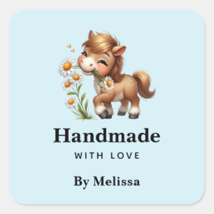 Handmade with Love Cute Pony Eating Daisies Square Sticker