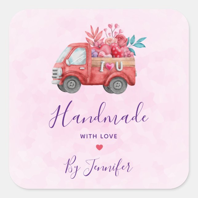 Handmade with Love Cute Red Truck Watercolor Square Sticker (Front)