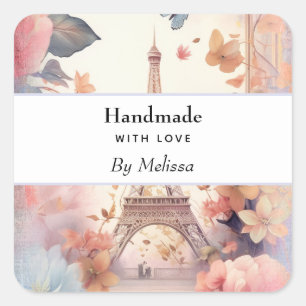handmade with Love Eiffel Tower and Flowers Square Sticker