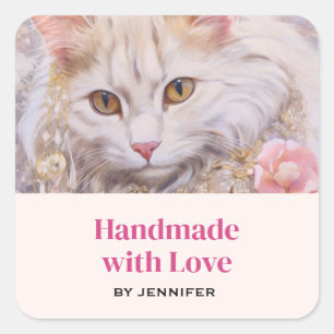 Handmade with Love Elegant White Cat in Jewels Square Sticker