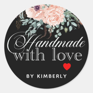Handmade with Love Floral Black Classic Round Sticker