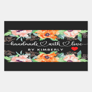 Handmade with Love Floral Black Rectangular Sticke Sticker