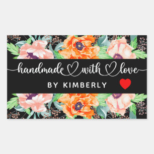 Handmade with Love Floral Black Rectangular Sticker
