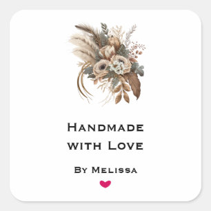 Handmade with Love Flowers Foliage and Feathers Square Sticker