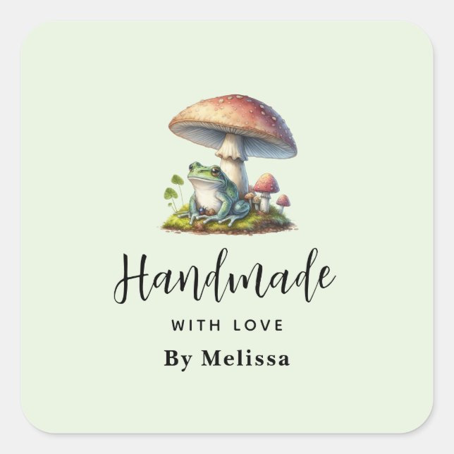 Handmade with Love Frog Under a Mushroom Cute Square Sticker (Front)