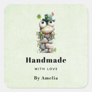 Handmade with Love Frog with Green Hat and Clover Square Sticker