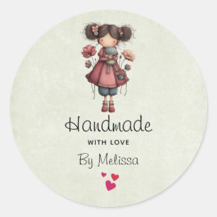 Handmade with Love Girl with A Frog Doll Cute Classic Round Sticker