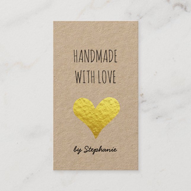 Handmade with Love Gold Heart | Kraft Paper Rustic Business Card (Front)
