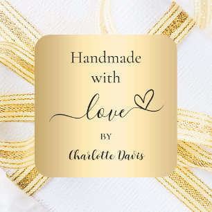 Handmade with love gold name square sticker