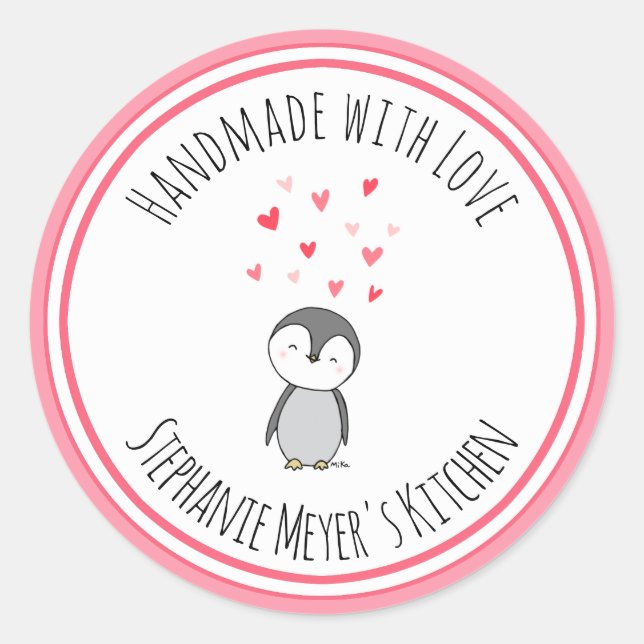 Handmade with Love Han drawn Cute Penguin Heart   Classic Round Sticker (Front)