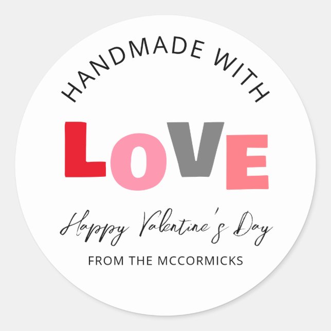 Handmade With Love Happy Valentines Day Name Classic Round Sticker (Front)