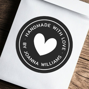 Handmade with love heart name black classic round sticker