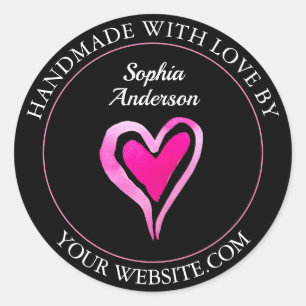 Handmade With Love, Heart, Name, Black Classic Round Sticker