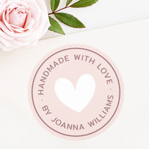Handmade with love heart name light blush pink classic round sticker