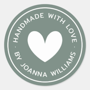 Handmade with love heart name muted pine green classic round sticker