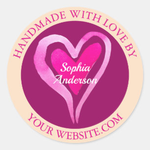 Handmade With Love Heart Name Pale Peach Fuchsia 2 Classic Round Sticker