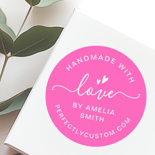 Handmade with love heart name URL hot pink Classic Round Sticker (Handmade with love heart name URL hot pink Classic Round Sticker)