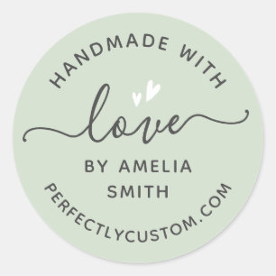 Handmade with love heart name URL light sage green Classic Round Sticker