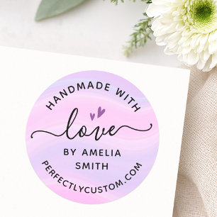 Handmade with love heart name URL pink purple Classic Round Sticker