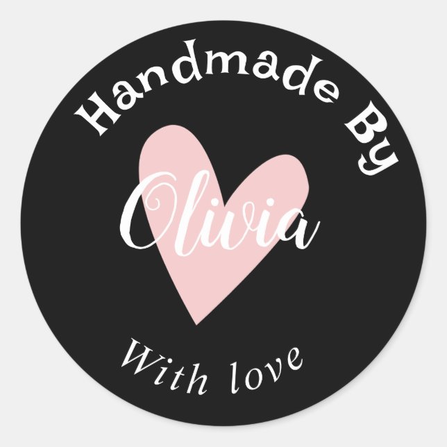 Handmade with love heart name URL terracotta Black Classic Round Sticker (Front)
