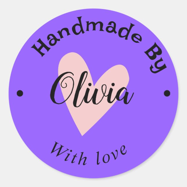 Handmade with love heart name URL terracotta Blue Classic Round Sticker (Front)