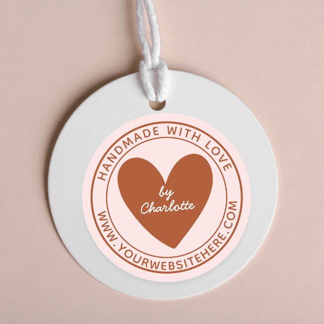 Handmade With Love Heart Name URL Terracotta Pink Classic Round Sticker (Creator Uploaded)