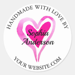 Handmade With Love, Heart & Name, White Classic Round Sticker
