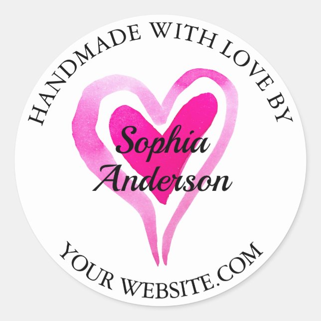 Handmade With Love, Heart & Name, White Classic Round Sticker (Front)