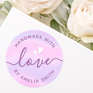 Handmade with love hearts add name pink purple classic round sticker