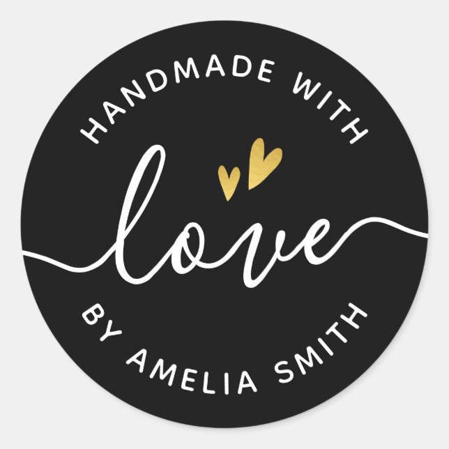 Handmade with love hearts custom name grey paper c classic round sticker (Front)