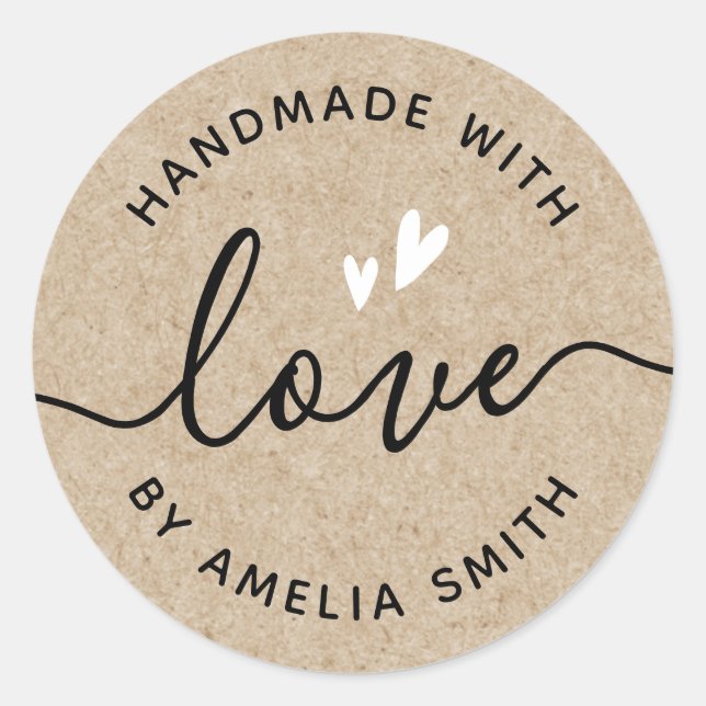 Handmade with love hearts name Kraft paper look Classic Round Sticker (Front)
