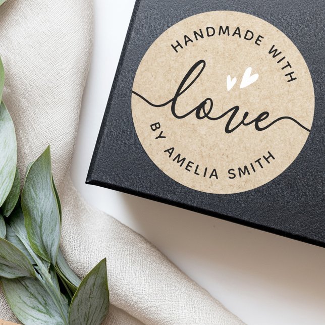 Handmade with love hearts name Kraft paper look Classic Round Sticker (Handmade with love hearts name Kraft paper look Classic Round Sticker)