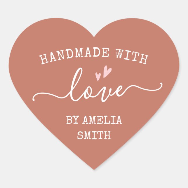 Handmade with love hearts name terracotta brown heart sticker (Front)