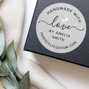Handmade with love hearts name URL grey paper Classic Round Sticker