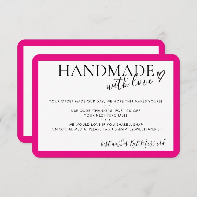 HANDMADE WITH LOVE insert modern chic fuschia pink Thank You Card (Front/Back)