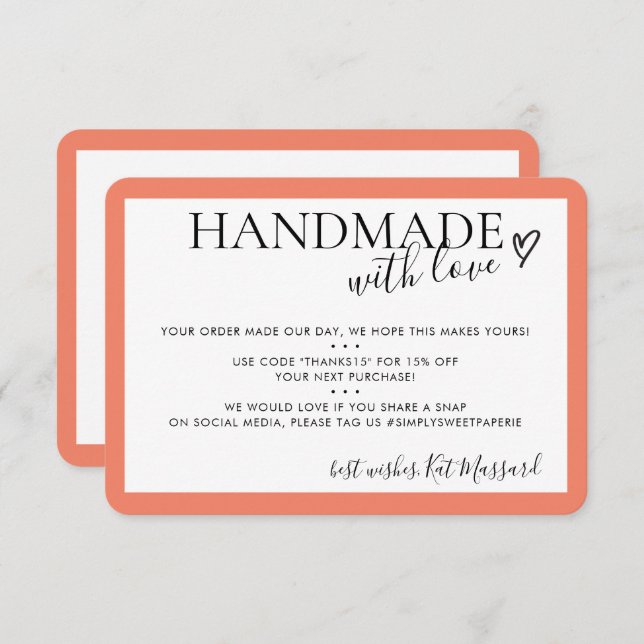 HANDMADE WITH LOVE insert modern chic orange Thank You Card (Front/Back)