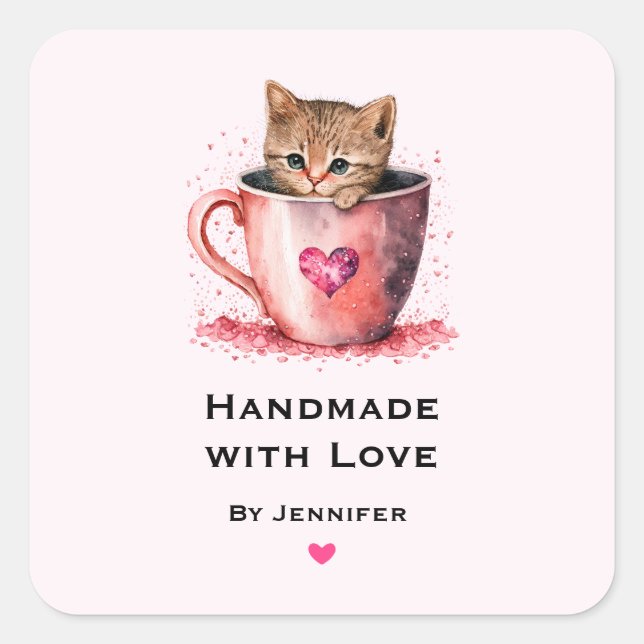 Handmade with Love Kitten in a Teacup with Hearts Square Sticker (Front)