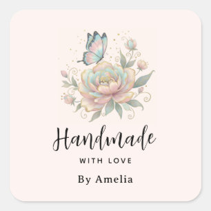 Handmade with Love Magical Rose and Butterfly Square Sticker