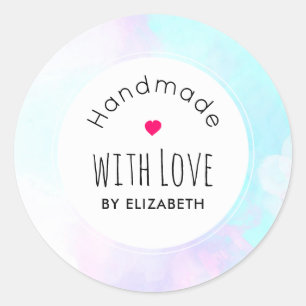 Handmade with Love Modern Blue & Purple Watercolor Classic Round Sticker