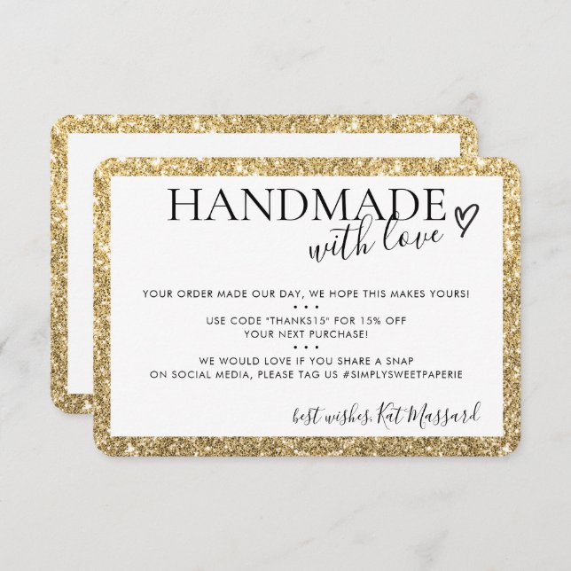 HANDMADE WITH LOVE modern chic faux gold glitter Thank You Card (Front/Back)
